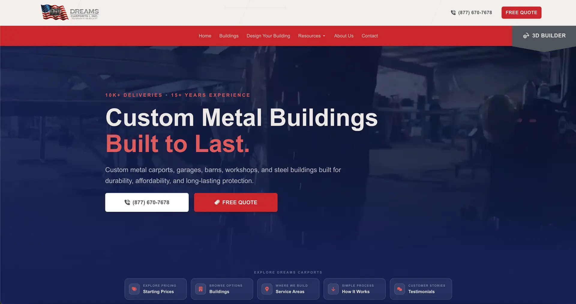 Dreams Carports website on desktop