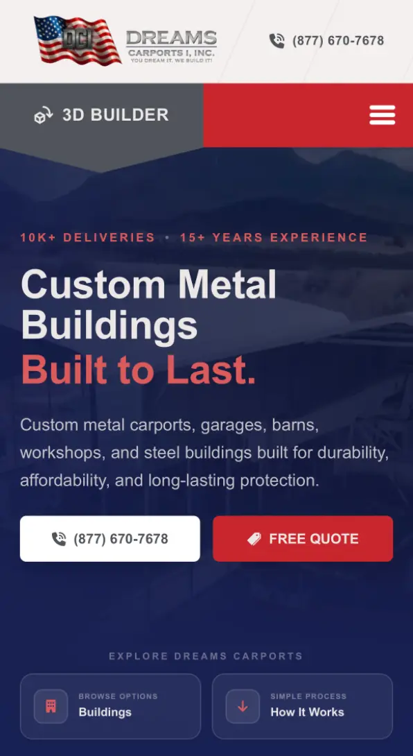 Dreams Carports website on mobile