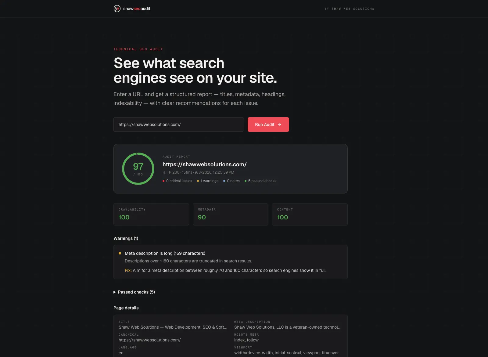 Shaw SEO Audit application screenshot